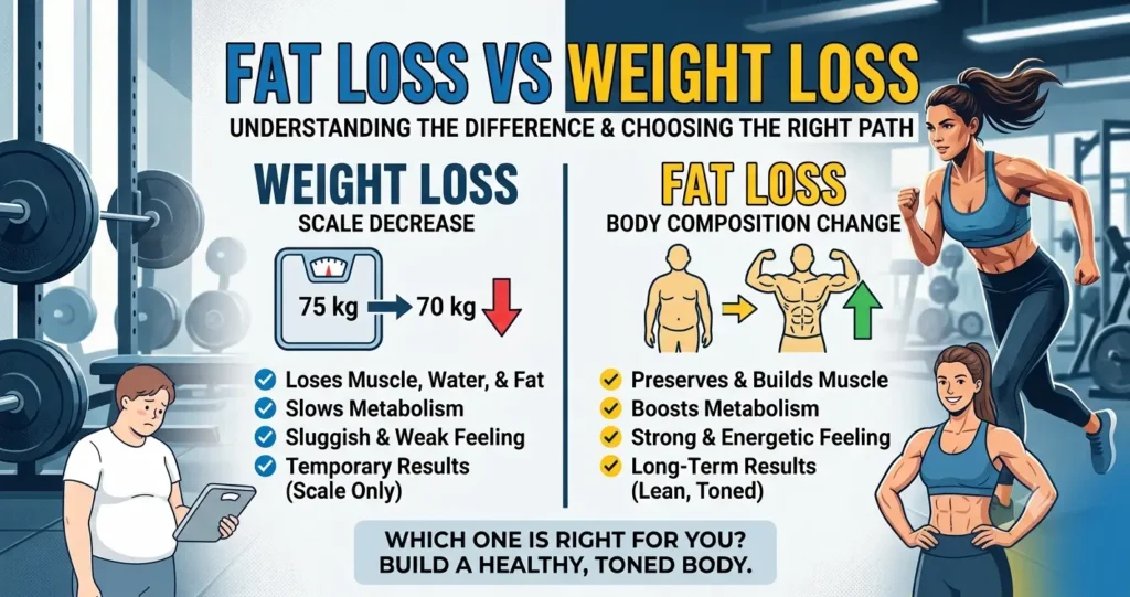 Fat Loss vs Weight Loss difference illustration showing scale weight vs muscle tone by Abex Fitness