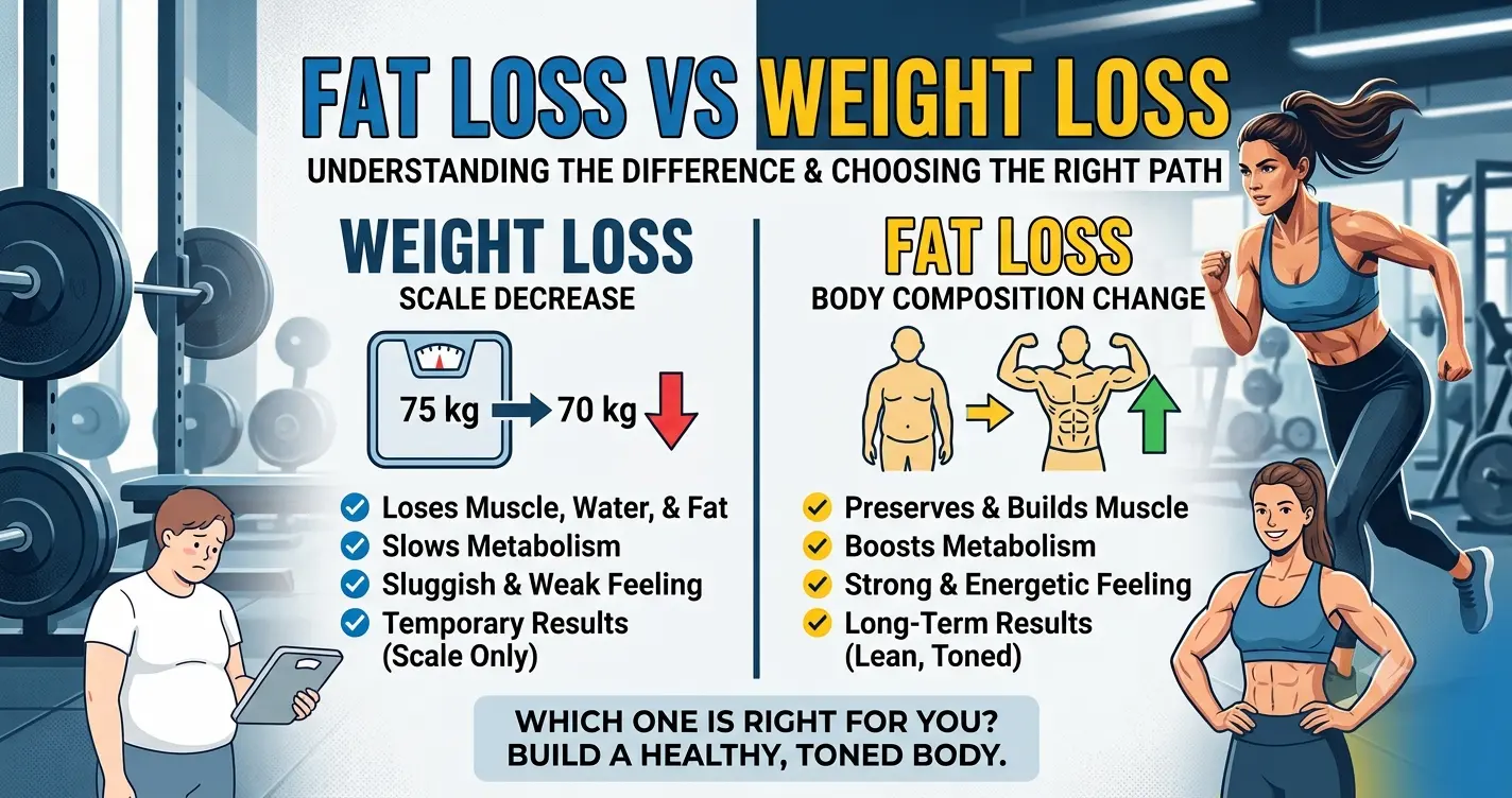 Fat Loss vs Weight Loss difference illustration showing scale weight vs muscle tone by Abex Fitness